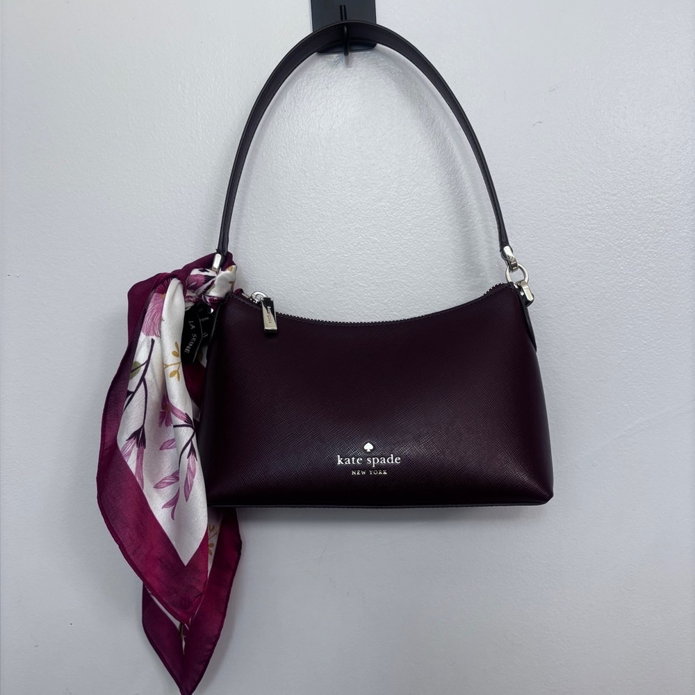Kate Spade Burgundy Saffino leather shoulder bag w La Siene scarf and bag strap